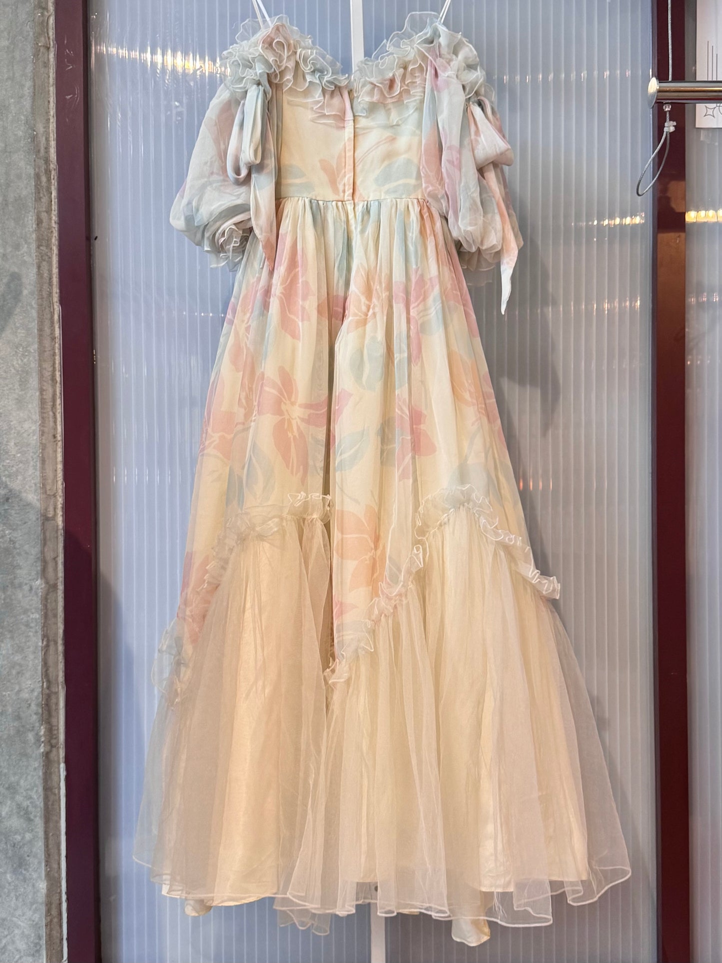 1980s Off-white & Pink Floral Off-Shoulder Gown
