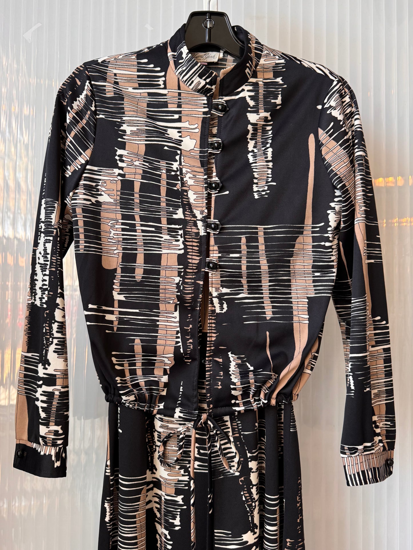 1970s Tan & Black Dress & Jacket Abstract Striped Set