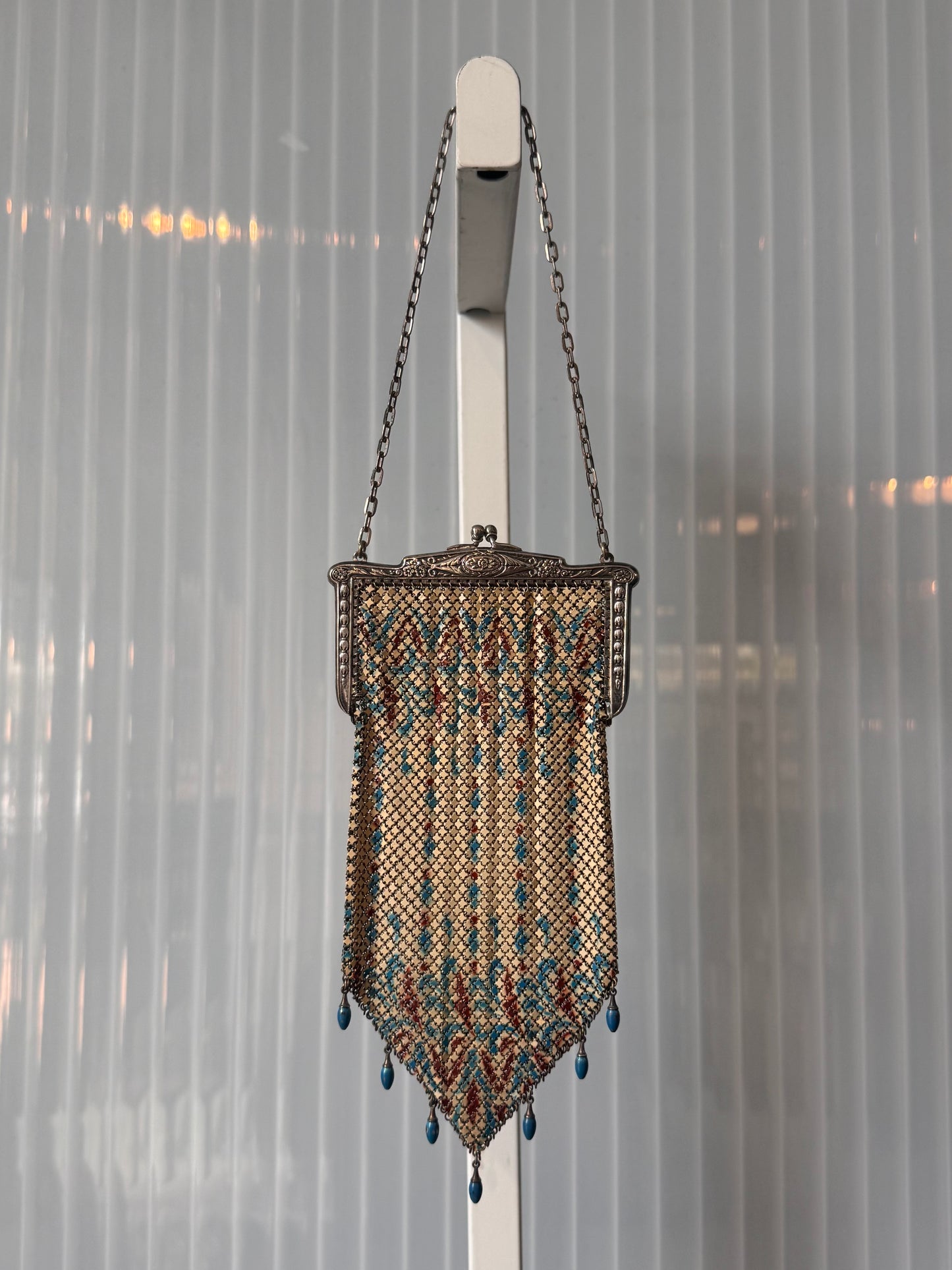 1920s Cream Blue & Burgundy Metal Mesh Flapper Purse
