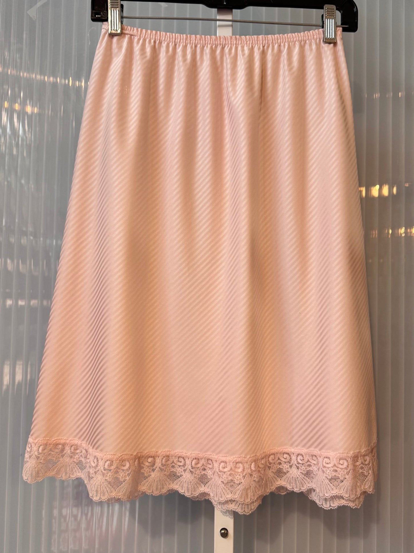 1970s Pink Pinstripe Skirt Slip with Lace Trim