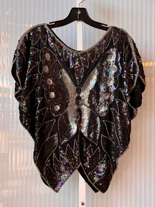 1980s Disco Iridescent Black Sequin Butterfly Silk Blouse