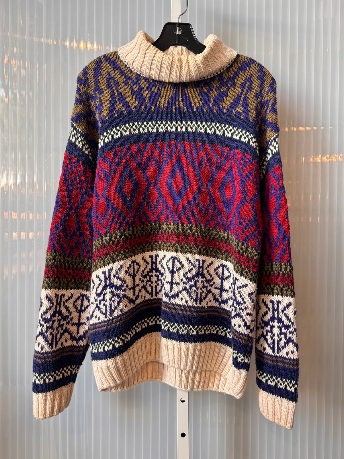 1980s Red Blue & Cream Chunky Knit Sweater
