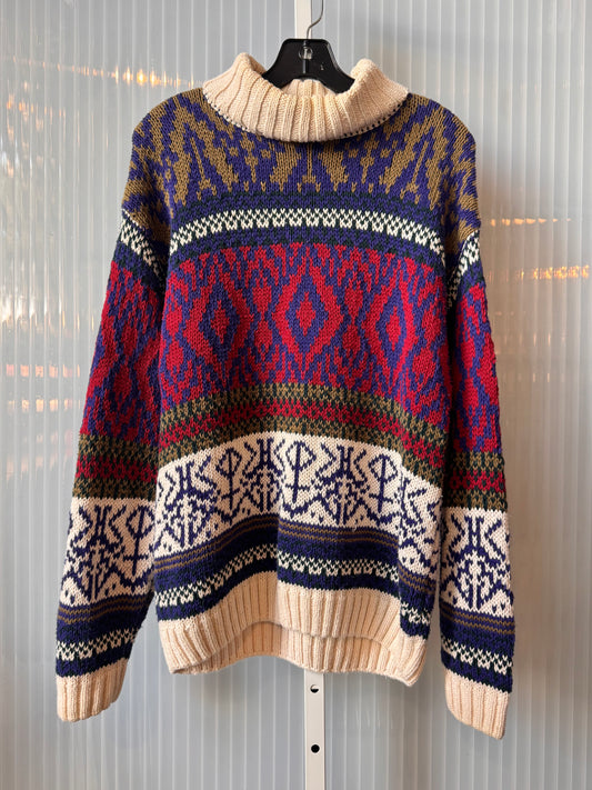 1980s Red Blue & Cream Chunky Knit Sweater