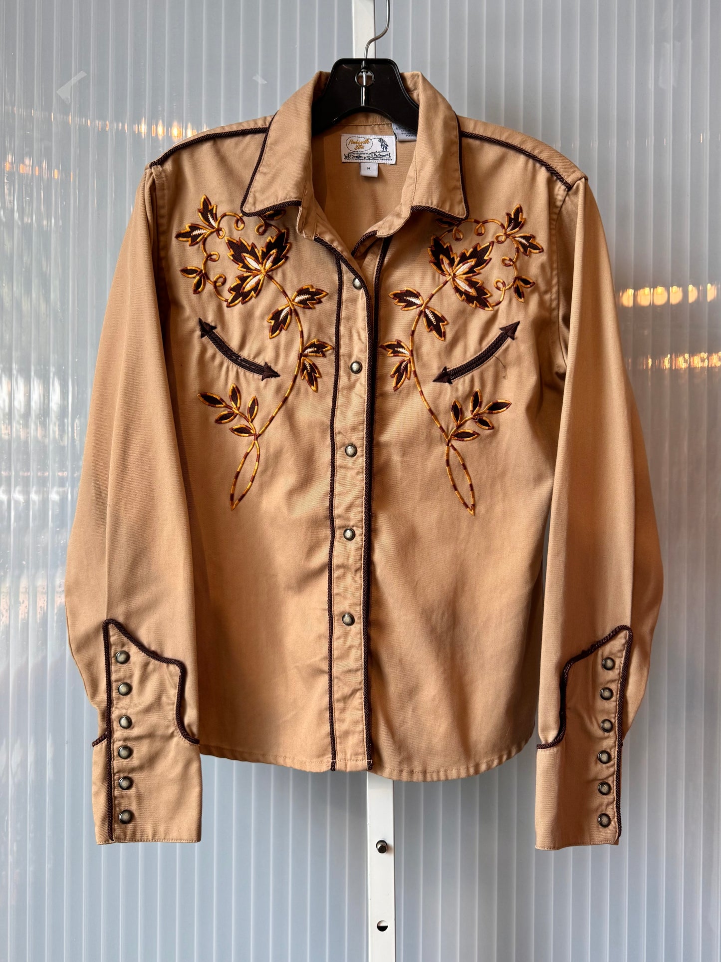 1990s Floral Embroidered Tan and Brown Western Shirt