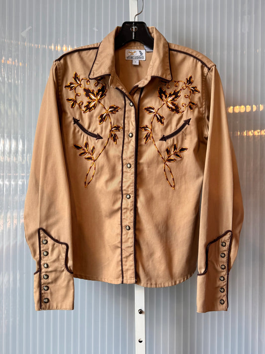 1990s Floral Embroidered Tan and Brown Western Shirt