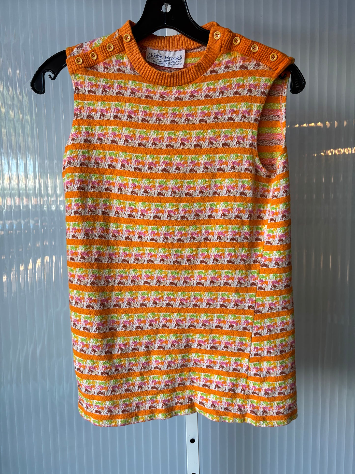1970s Multicolor Knit Sleeveless Elephant Print Blouse