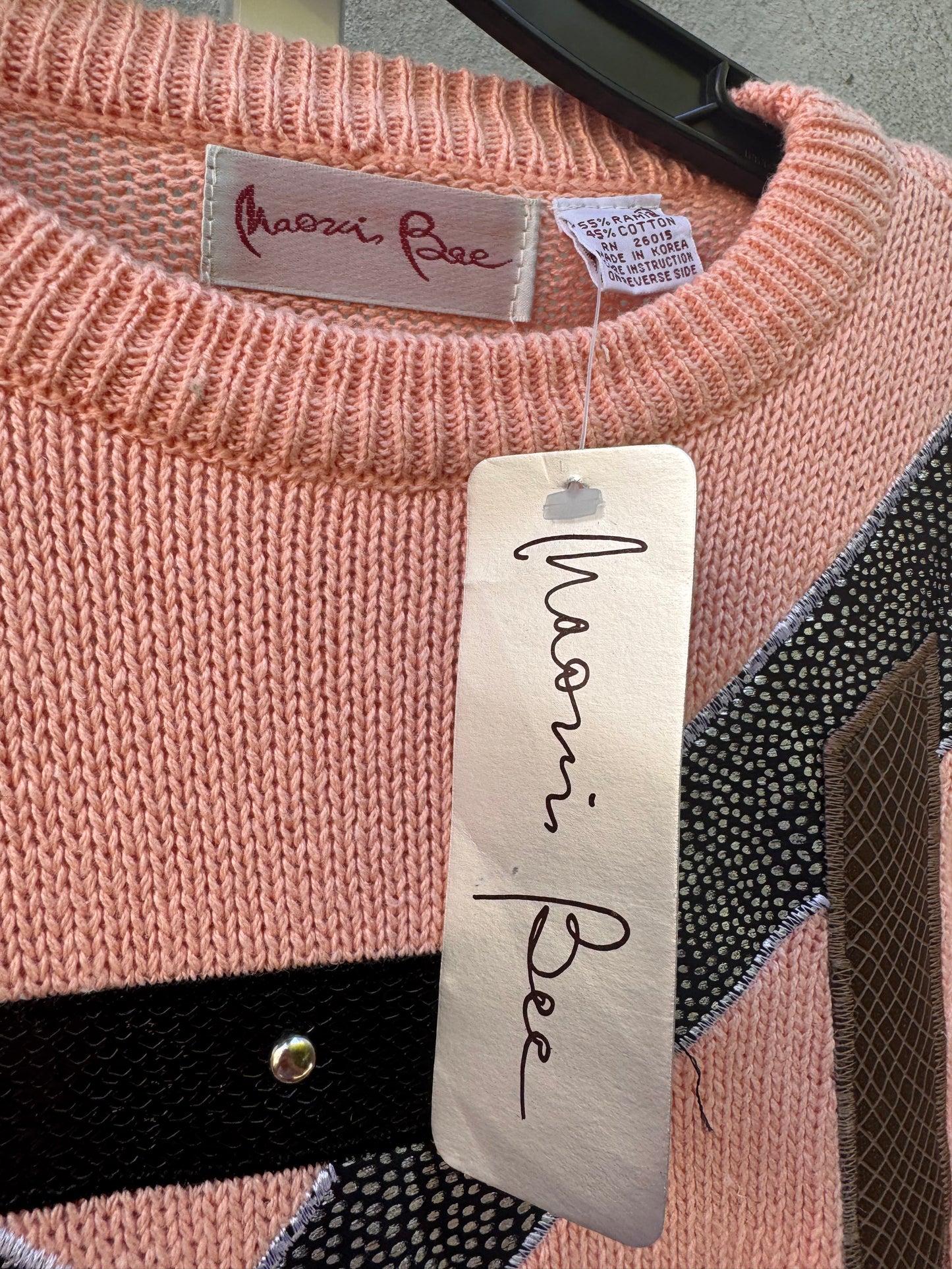 1980s Pink Knit Sweater Top with Metallic Graphics