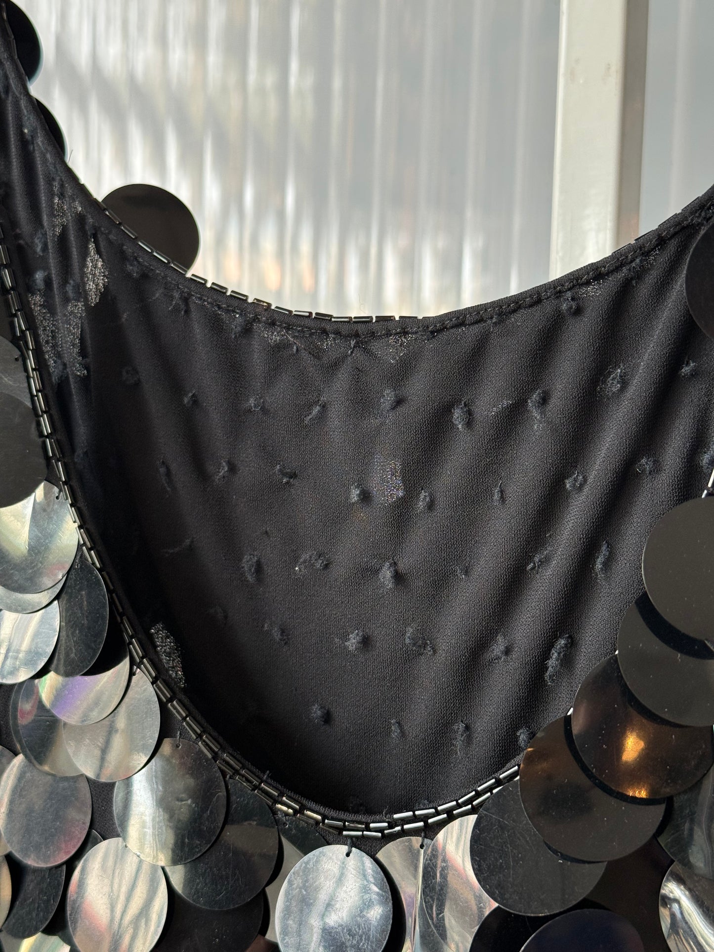 1970s Black Paillette & Frills Disco Mod Dress