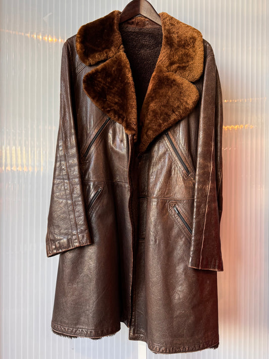 1970s Brown Leather Coat with Sherpa Lapel Collar