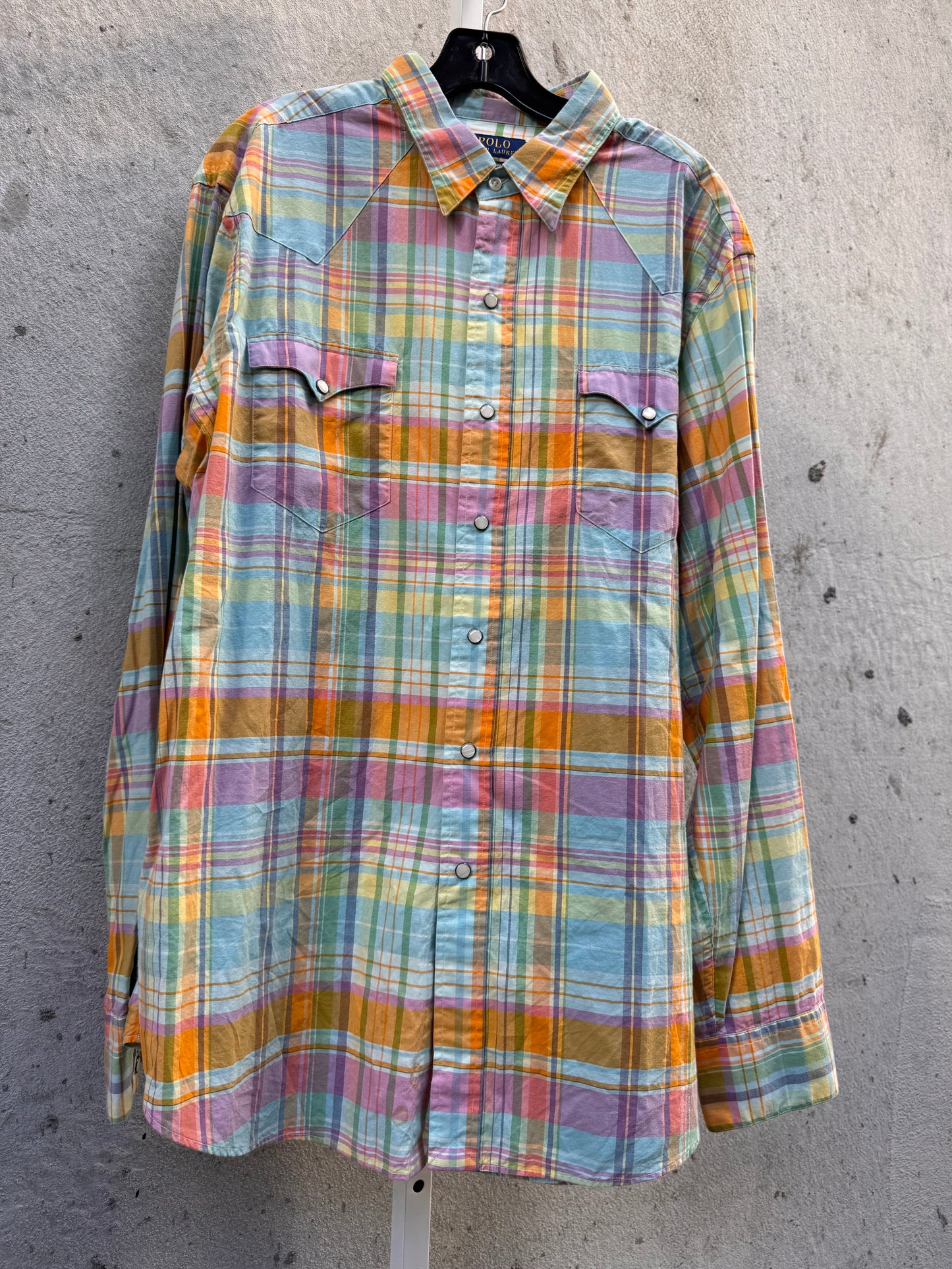 Ralph Lauren Pastel Pink & Blue Plaid Pearl Snap Western Shirt