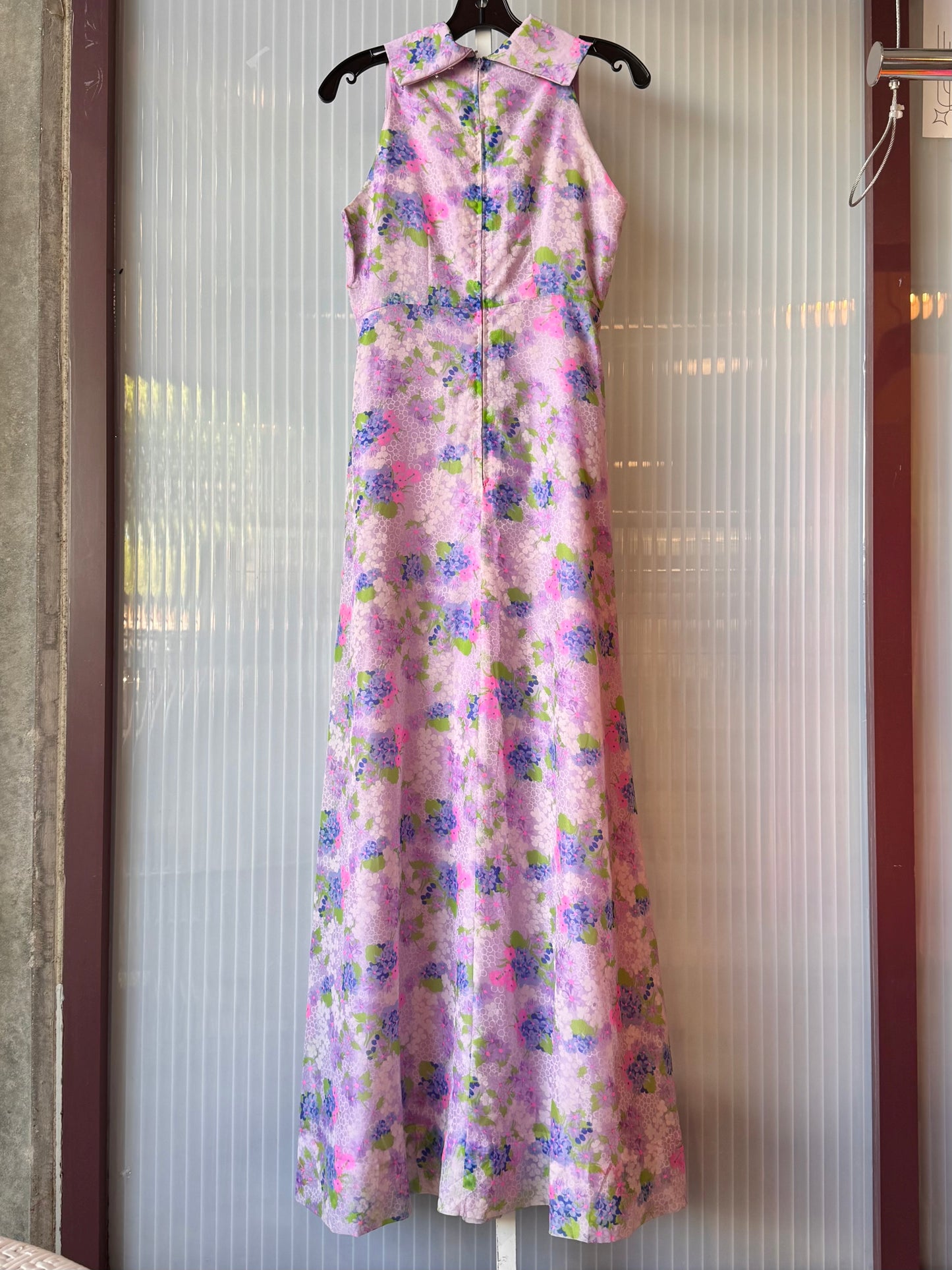 1970s Sleeveless Purple Floral Maxi Gown