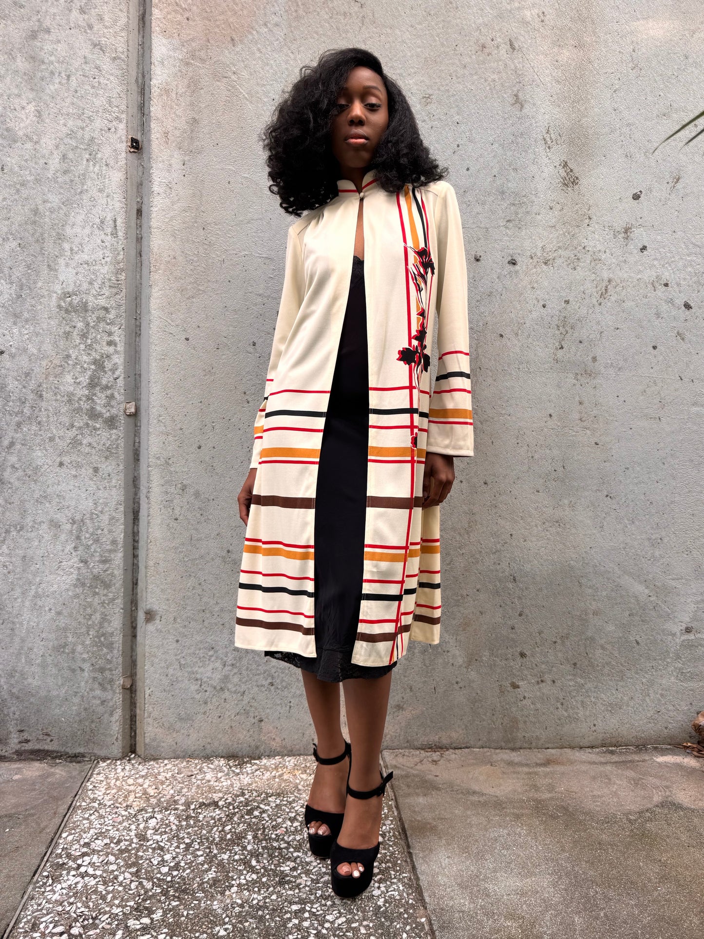 1970s Cream Red & Black Striped Open-Front Jacket
