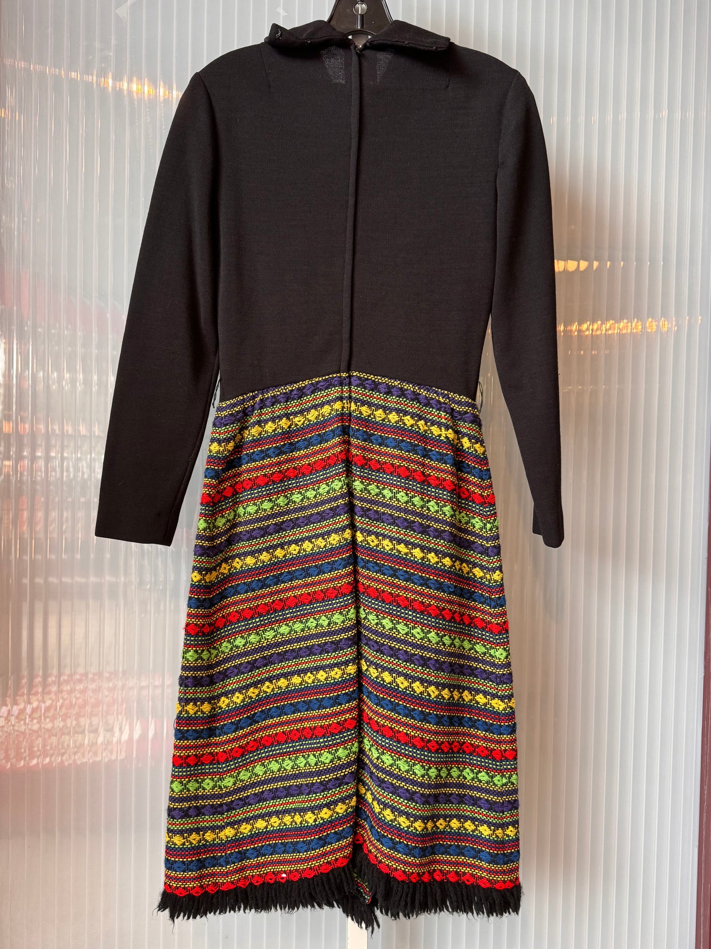 1970s Black Dress w/ Multicolor Woven Panel