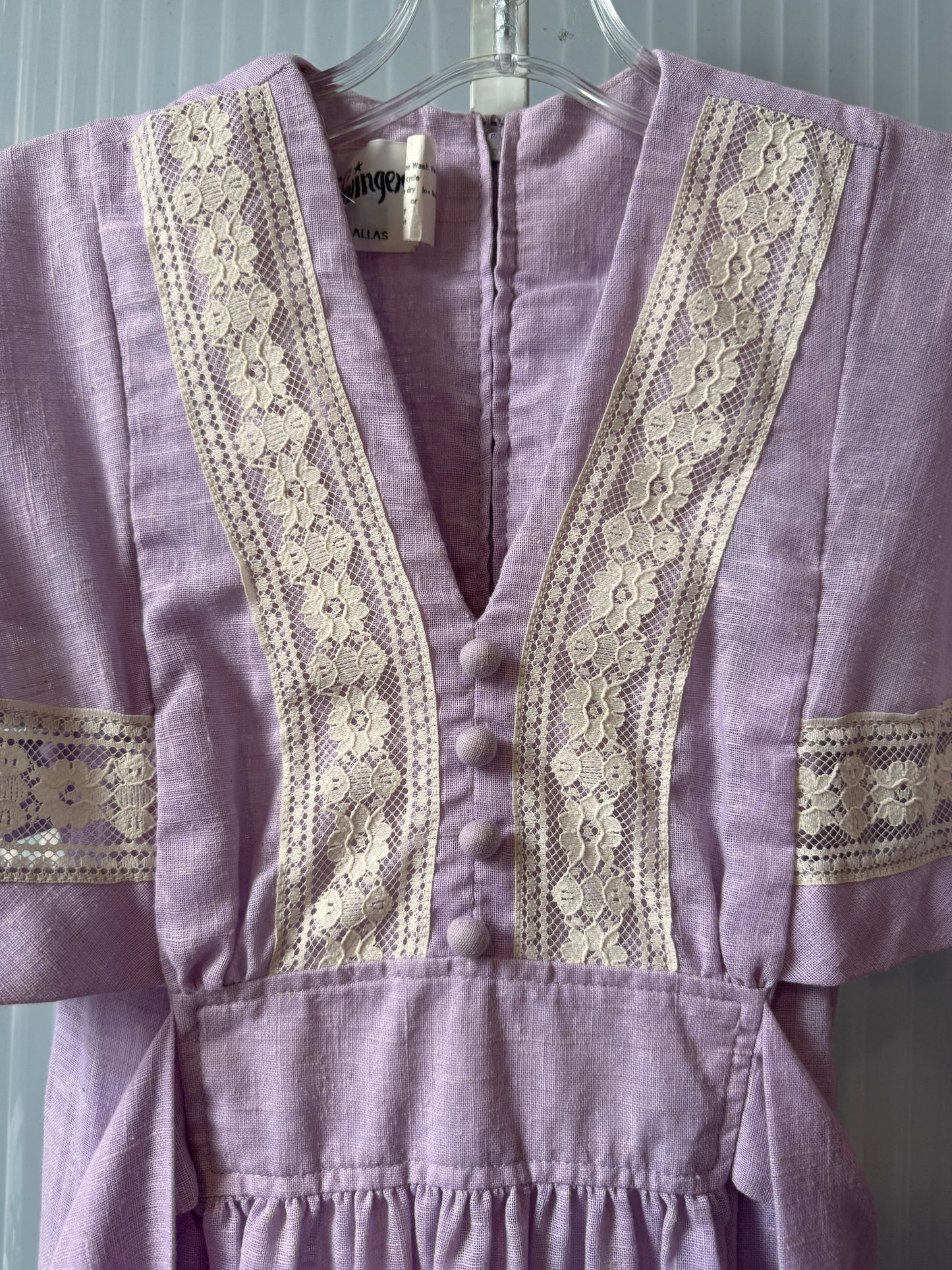 1970s Lavender Linen Dress w/ Cream Lace Details