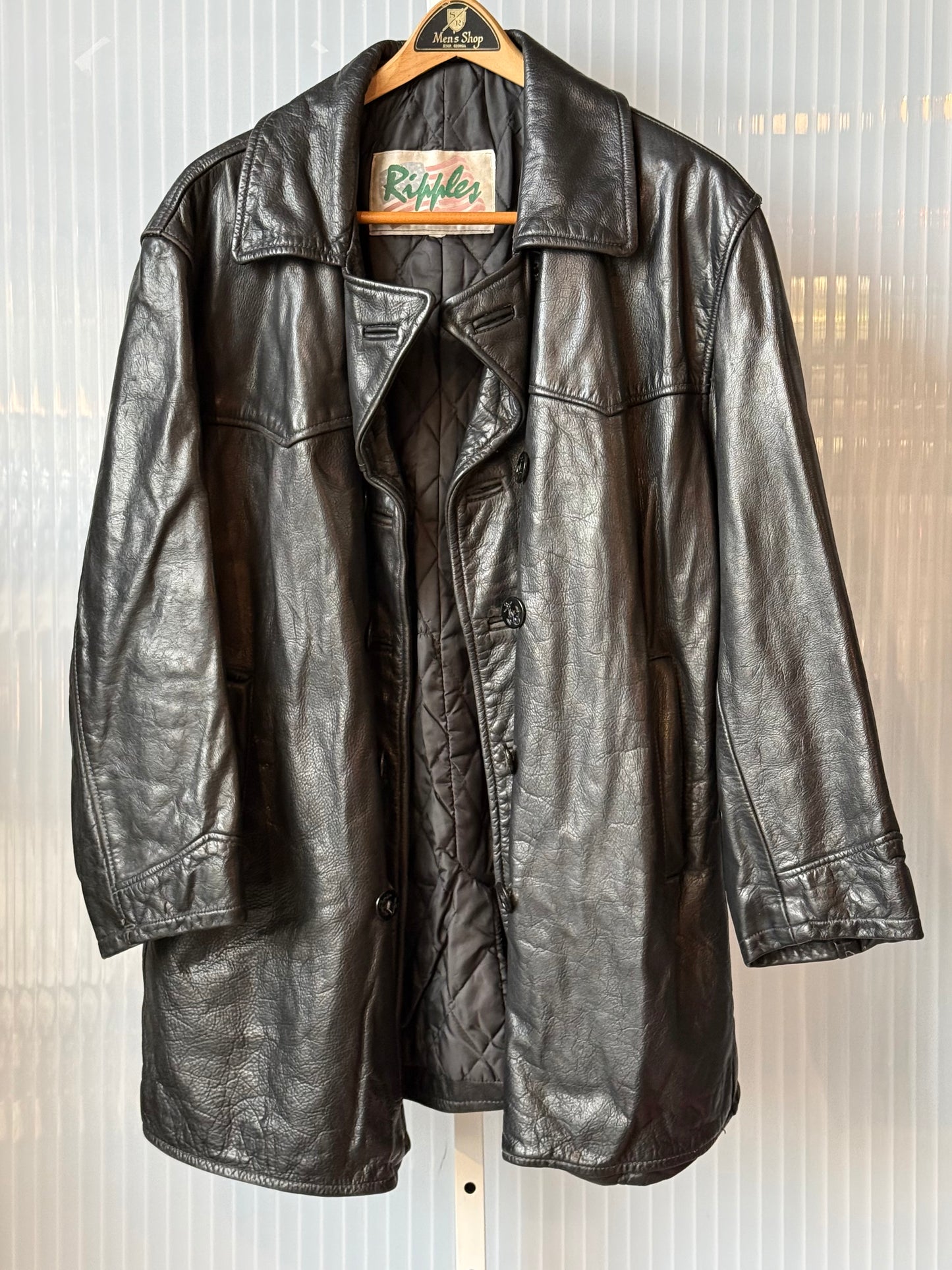1990s Black Double Breasted Leather Jacket w/ Nautical Buttons