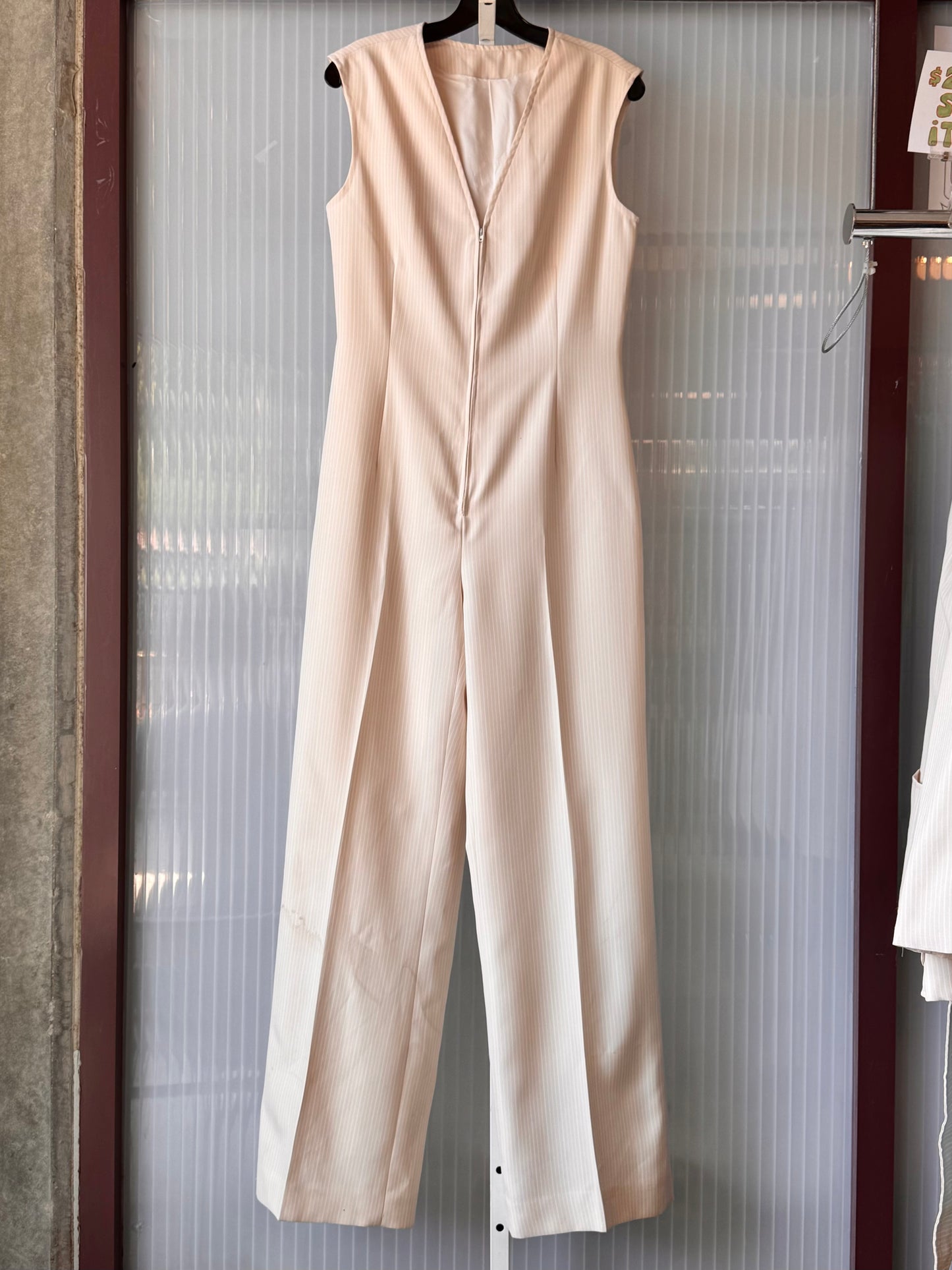 1970s Cream & White Pinstripe Jumpsuit & Blazer Set