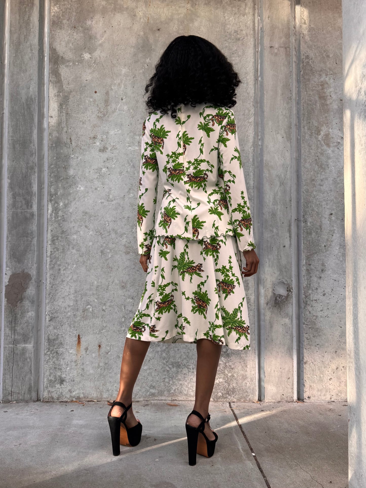 1970s White & Green Jaguar Print Top & Skirt Set