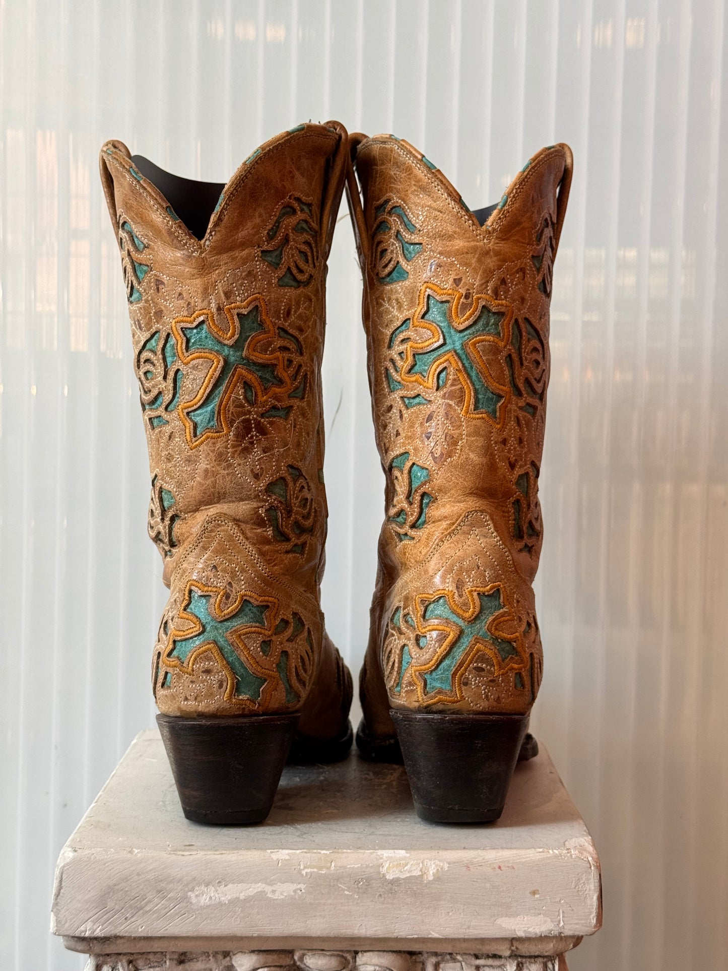 Corral Tan & Teal Floral Leather Western Boots