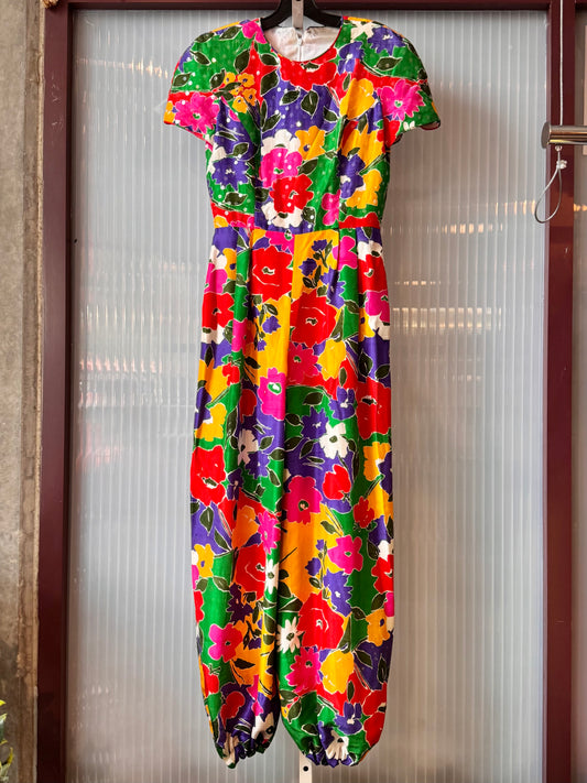 1980s Bright Multicolor Floral Jumpsuit with Clear Sparkly Sequins