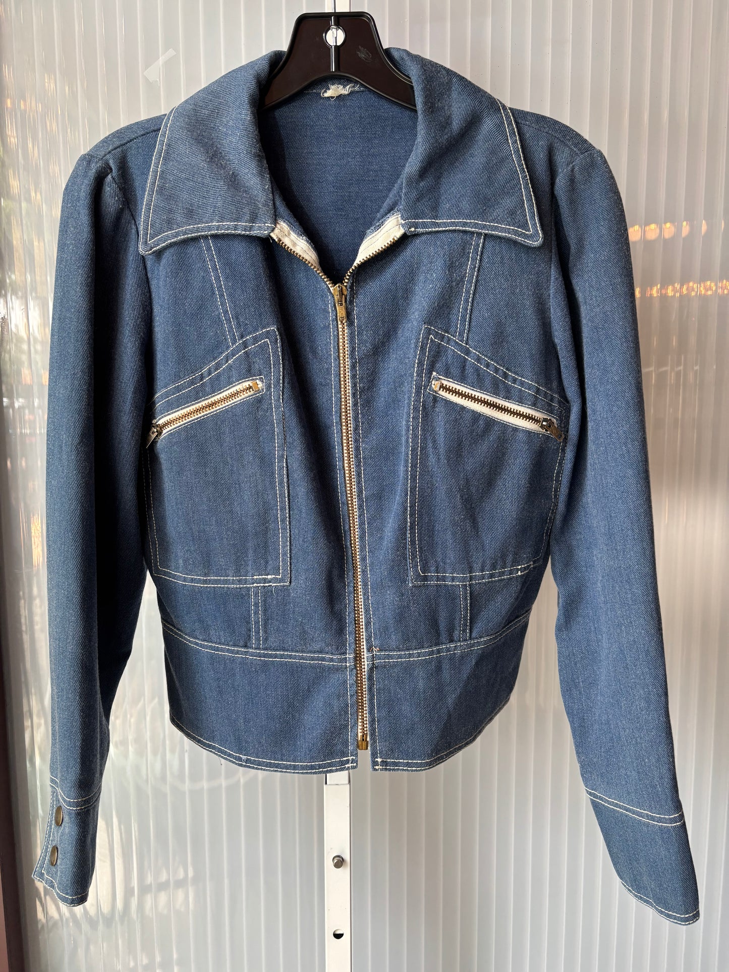 1970s Denim & White Contrast Stitch Jacket & Bellbottom Pants Set