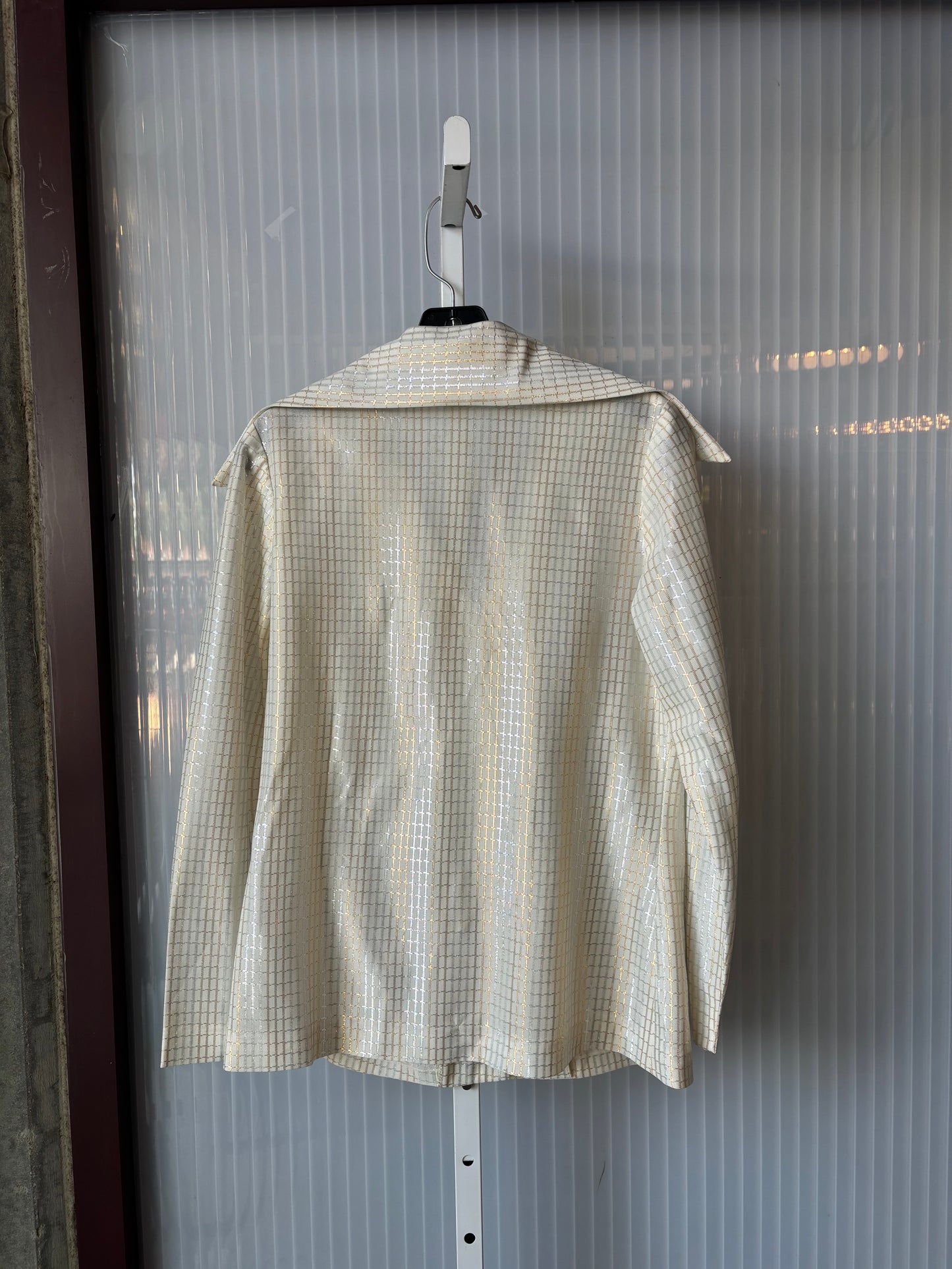 1970s Silver & Gold Patterned White Disco Blouse & Pants Set