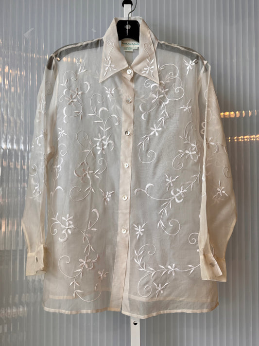 1980s Floral Embroidered Off-White Sheer Blouse