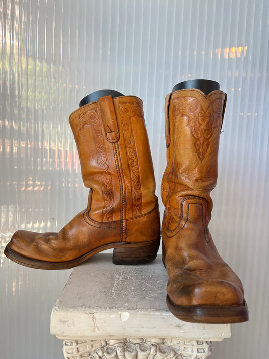 Browned Tooled Leather Square Toe Boots 10