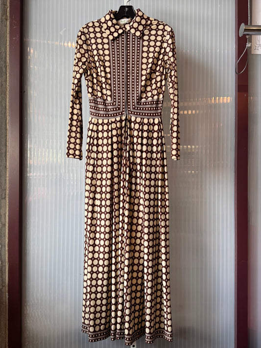 1970s Brown & Creme Polka Dot Dress
