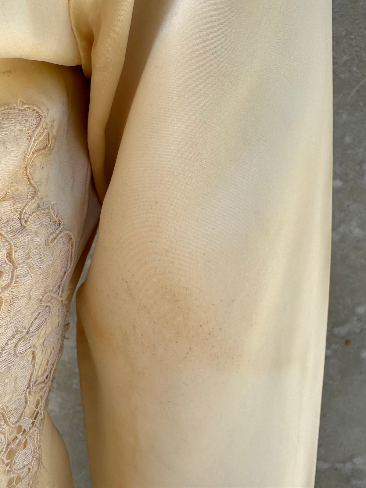 Late 1960s / Early 1970s Cream Satin & Lace Wedding Dress