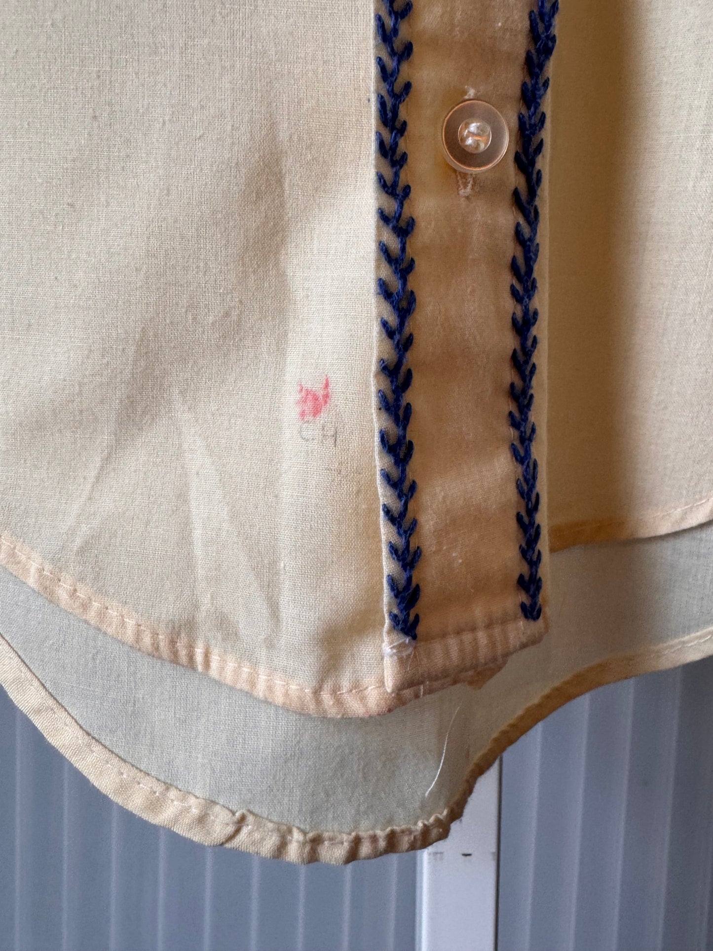 1970s Children's Cream Button-Up Shirt with Blue Fishbone Stitch