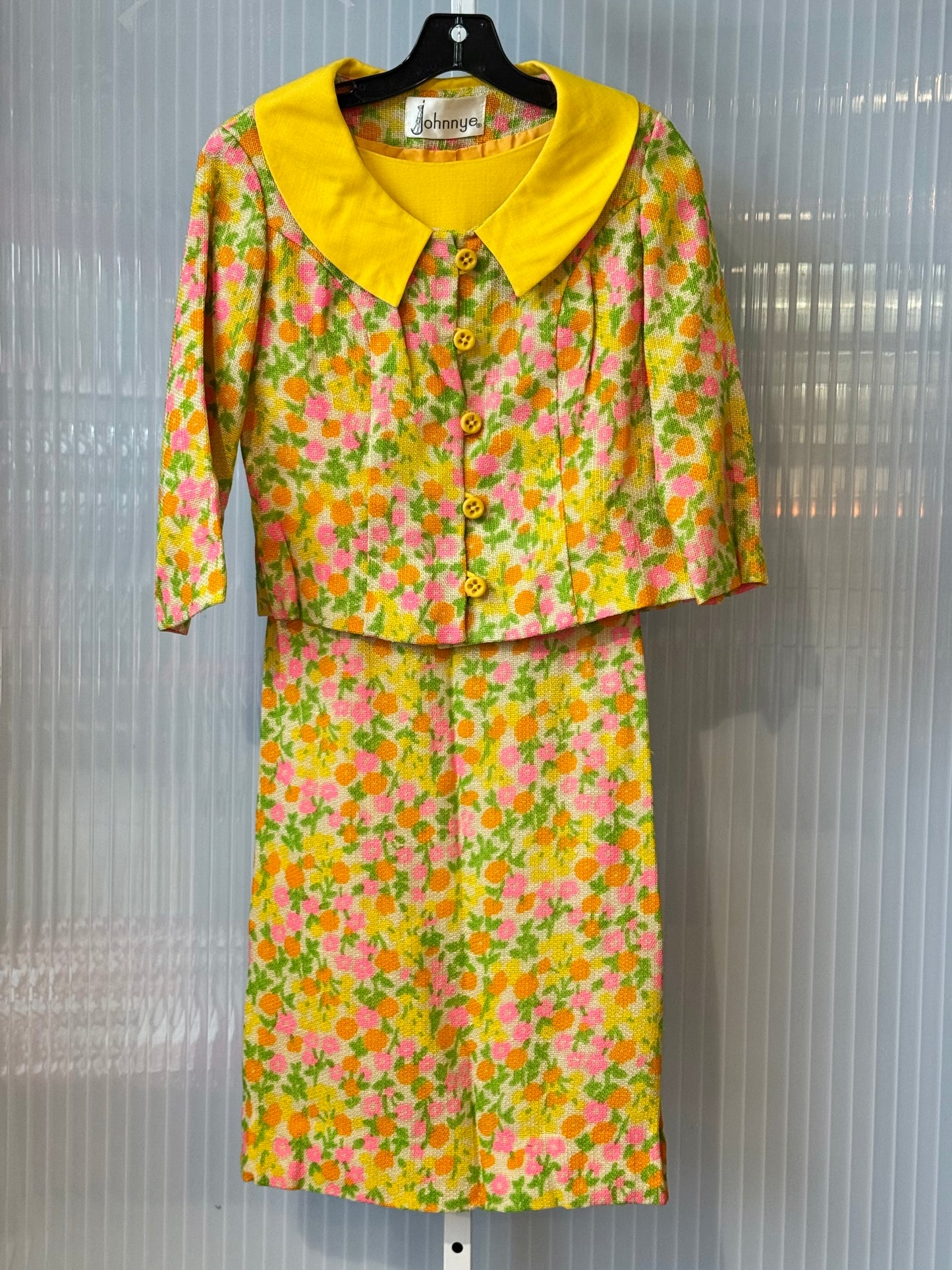 1960s Yellow Dress & Jacket Set w/ Multicolor Floral Pattern