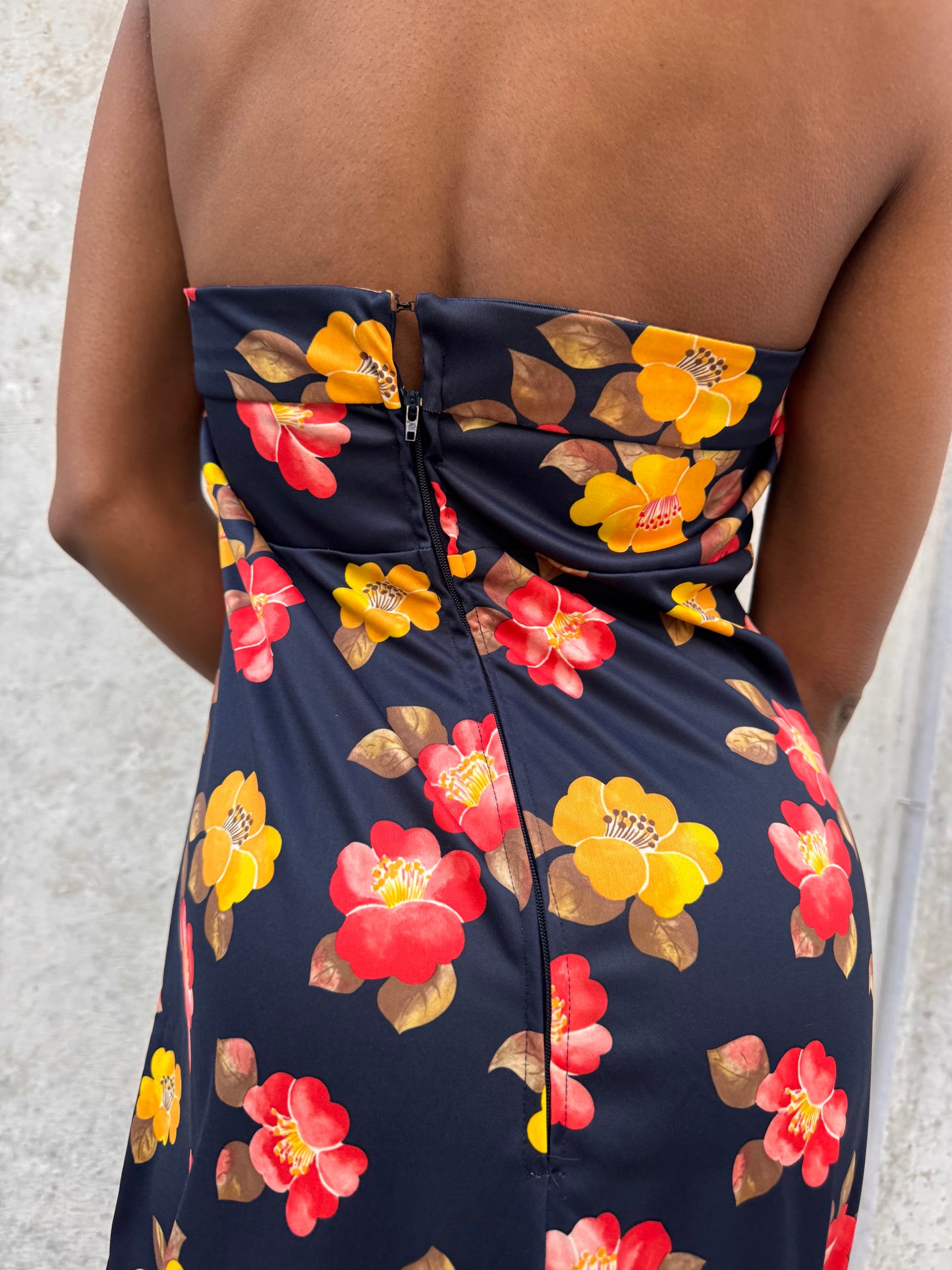1970s Red & Yellow Floral Black Halter Dress