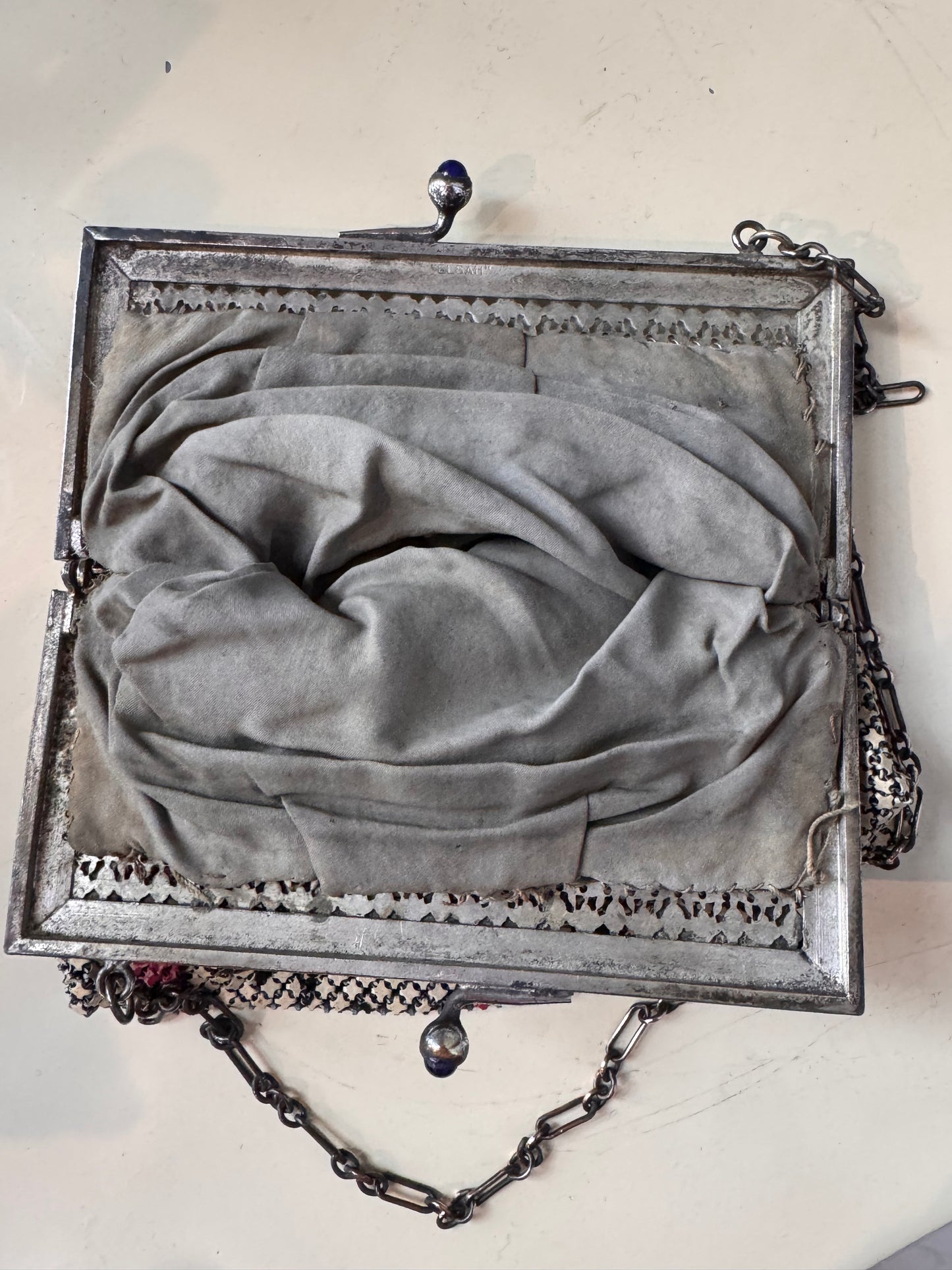 1930s Cream & Magenta Bird Metal Mesh "Elsah" Purse