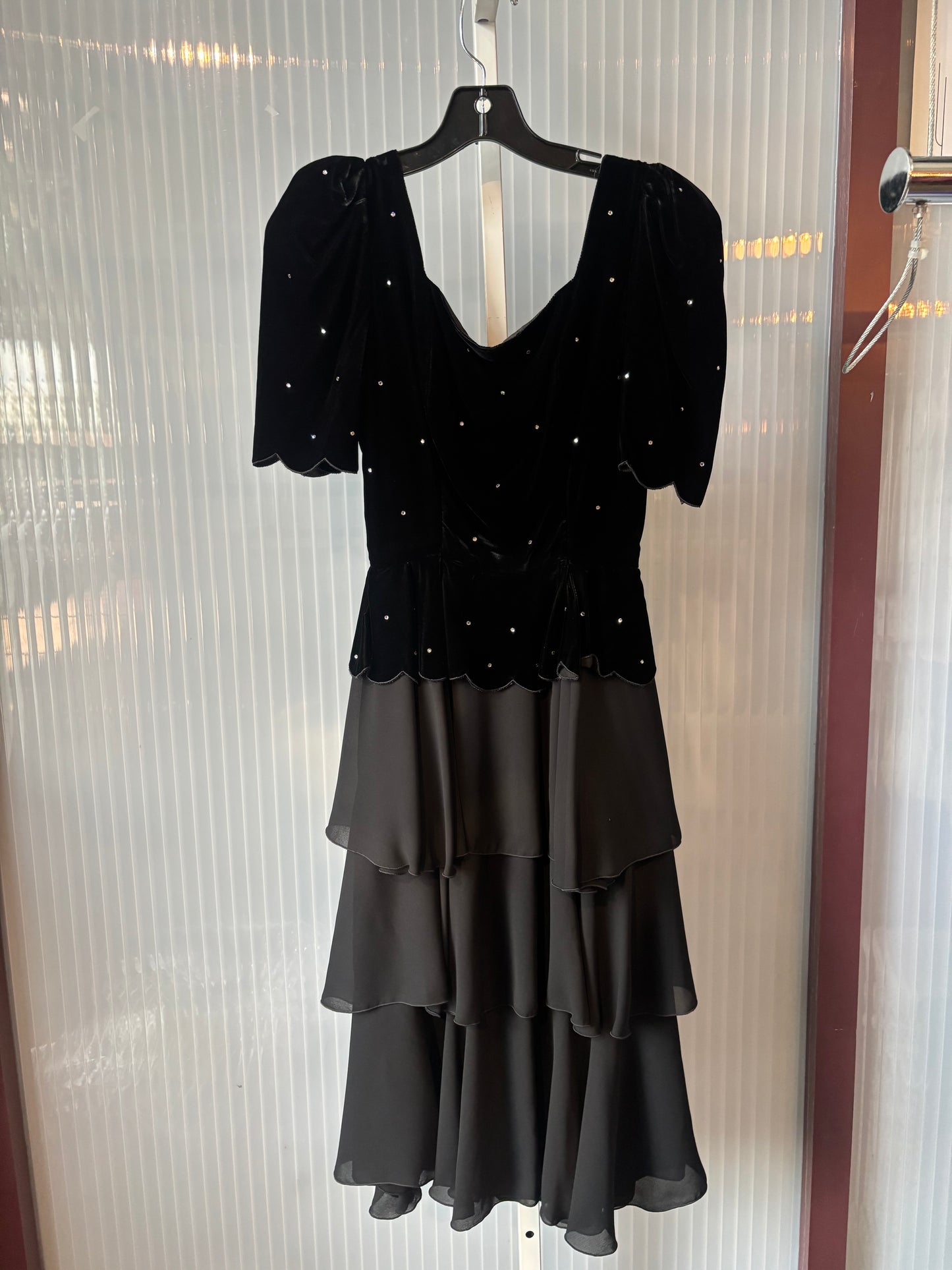 1970s Lillie Rubin Black Velvet & Chiffon Dress w/ Bling