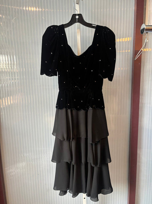 1970s Lillie Rubin Black Velvet & Chiffon Dress w/ Bling