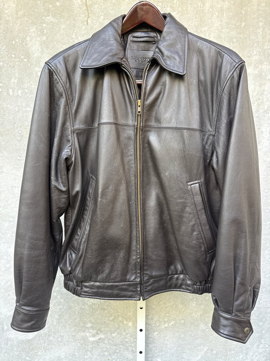 1990s Roundtree & York Dark Brown Leather Bomber Jacket