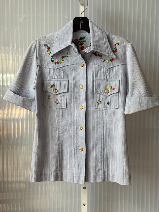 1970s Blue Hand Embroidered Collared Shirt
