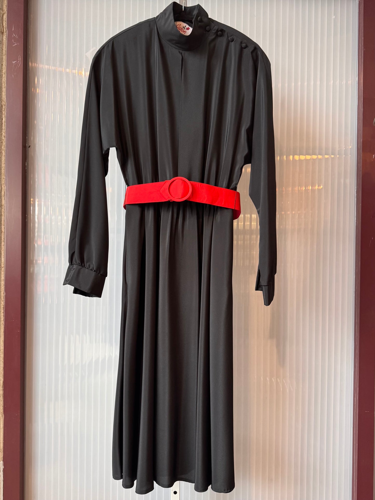 1980s Black with Red Mandarin Neck Dress