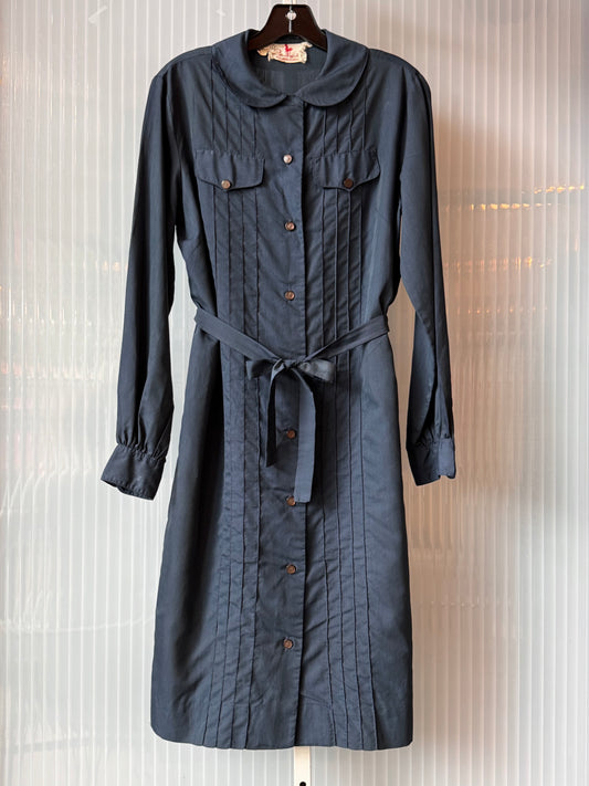 1960s Navy Blue Pintuck Button-Up Shift Dress