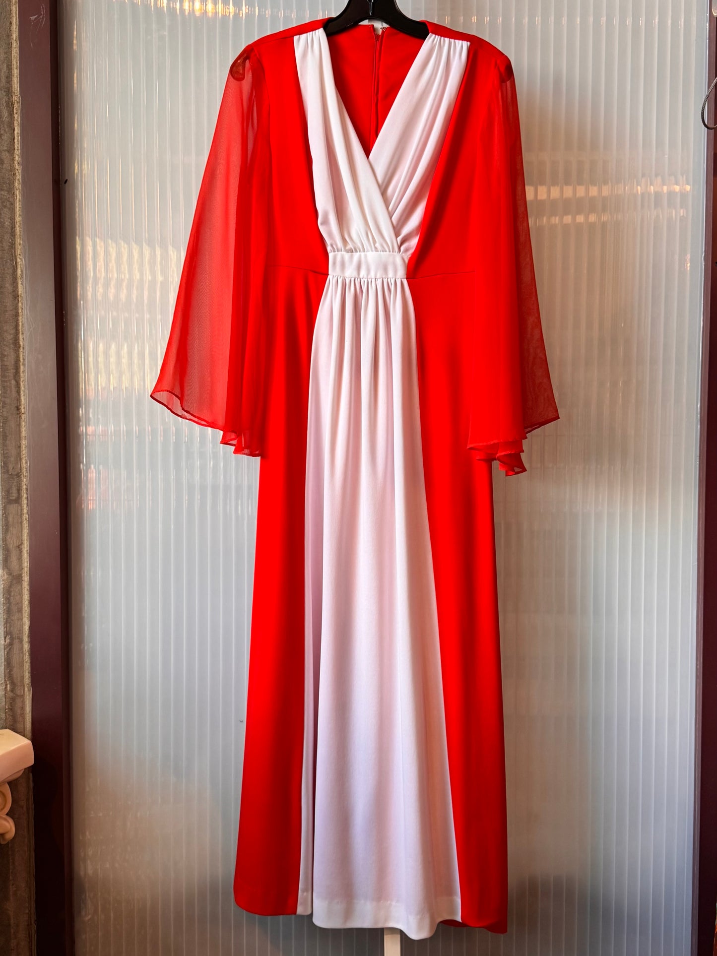 1970s Red-Orange Empire-Waist Flowy Dress
