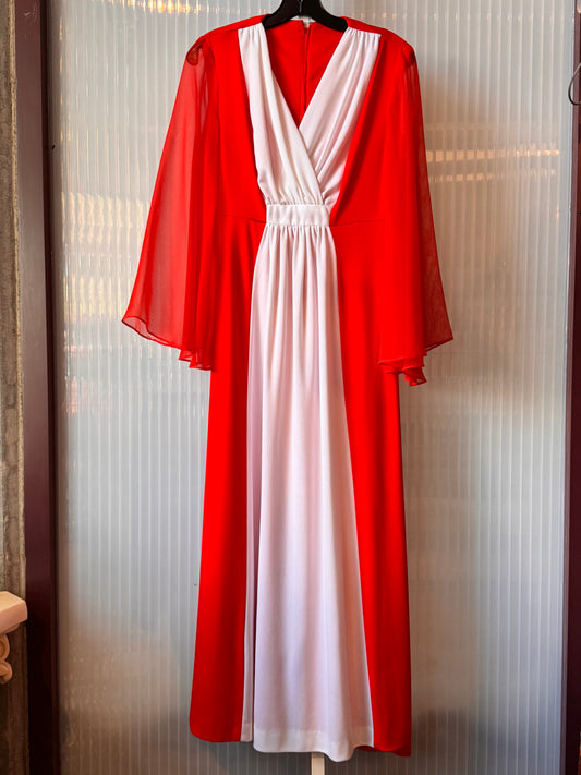 1970s Red-Orange Empire-Waist Flowy Dress