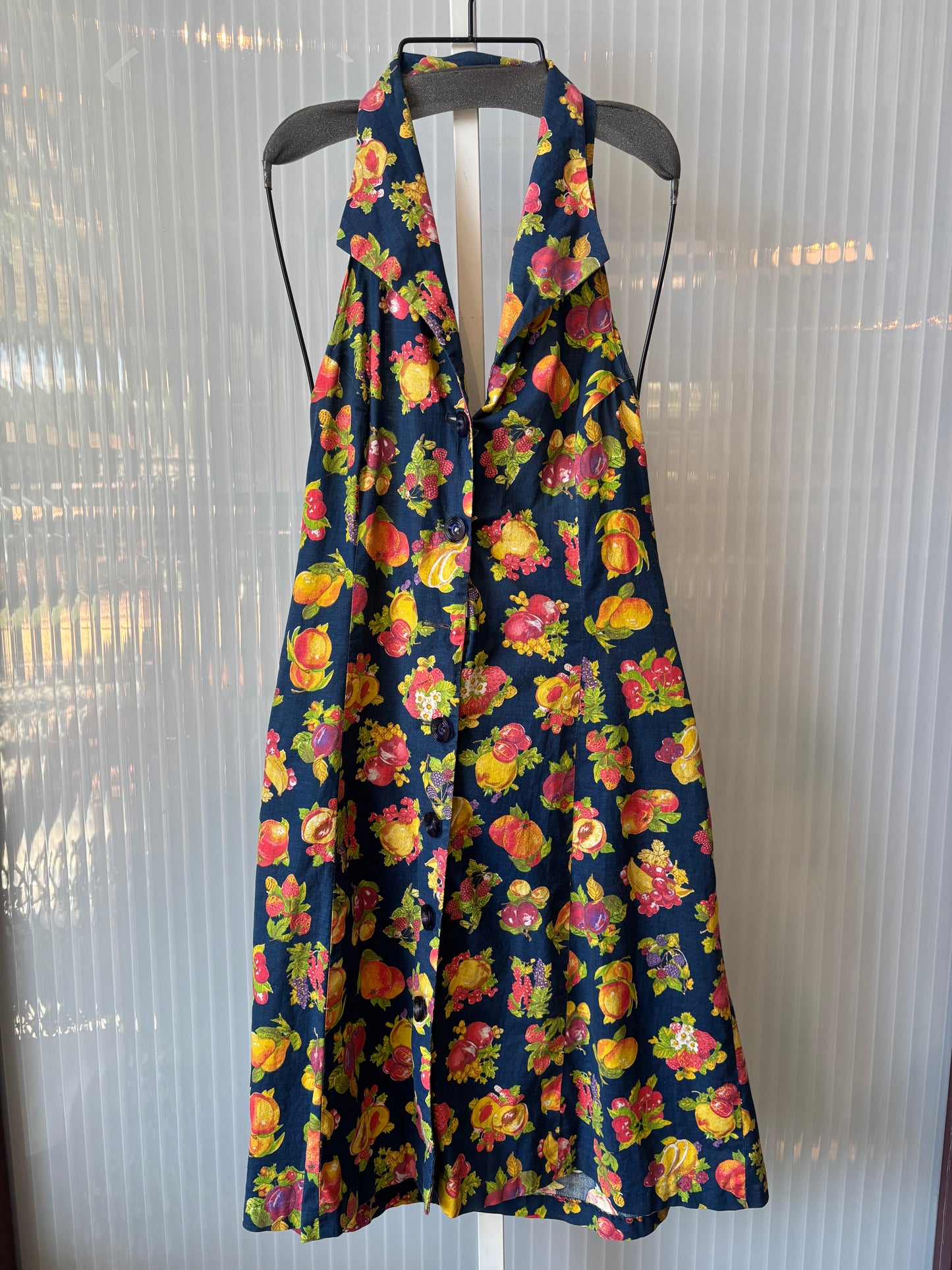 1970s Navy Blue Fruit Print Halter Dress