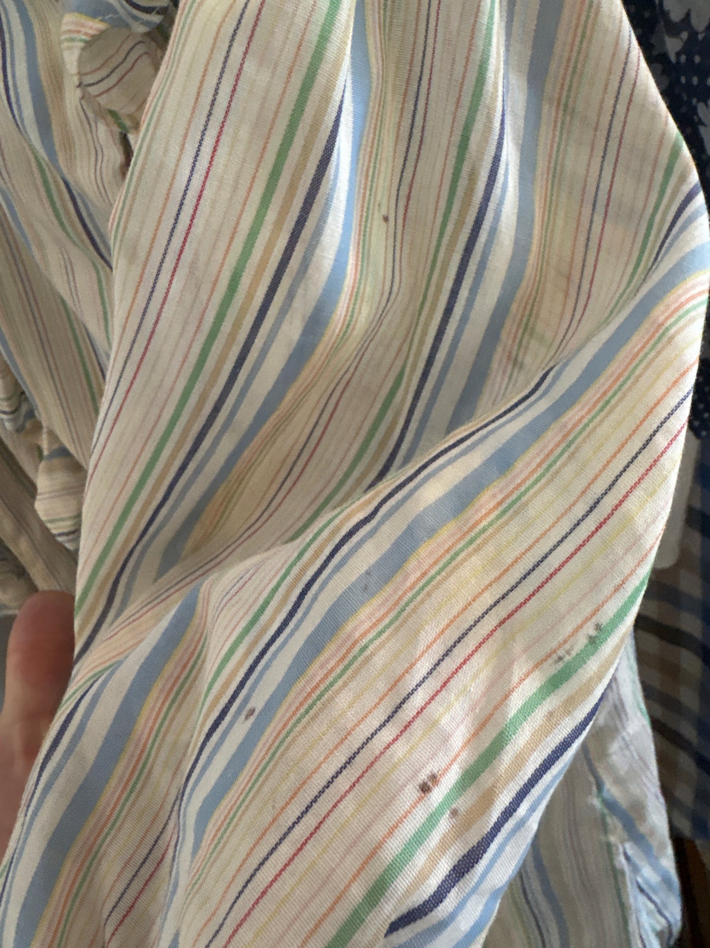 1970s Cream & Blue Striped Frilly Blouse