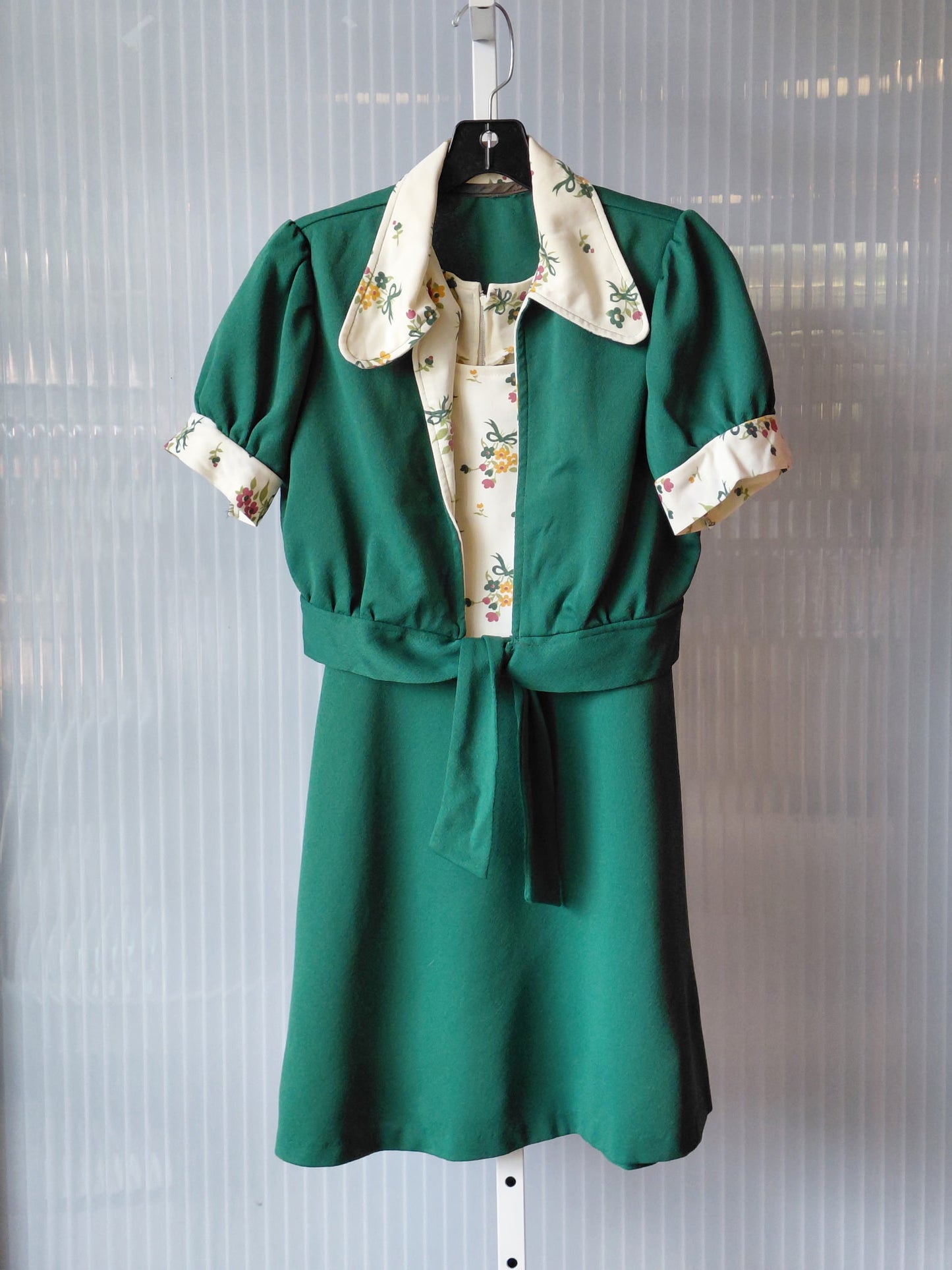 1960s Green & Cream Floral Dress & Tie-Front Bolero Set