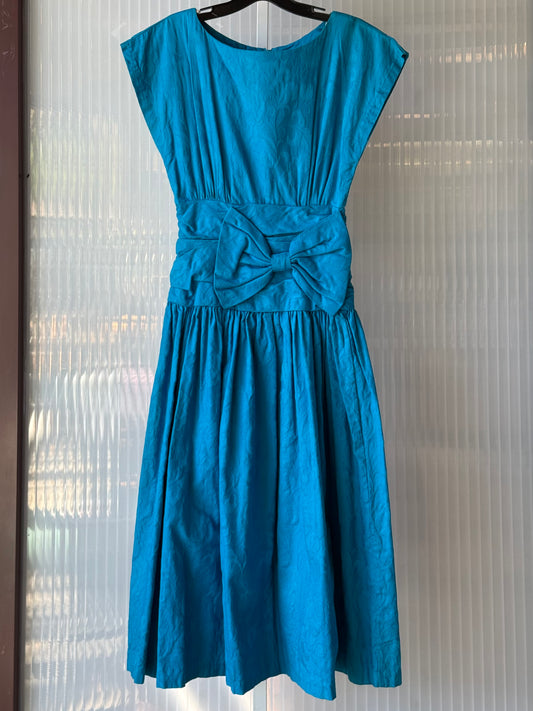 1980s does 1950s Cobalt Jacquard Ruched Dress w/ Bow