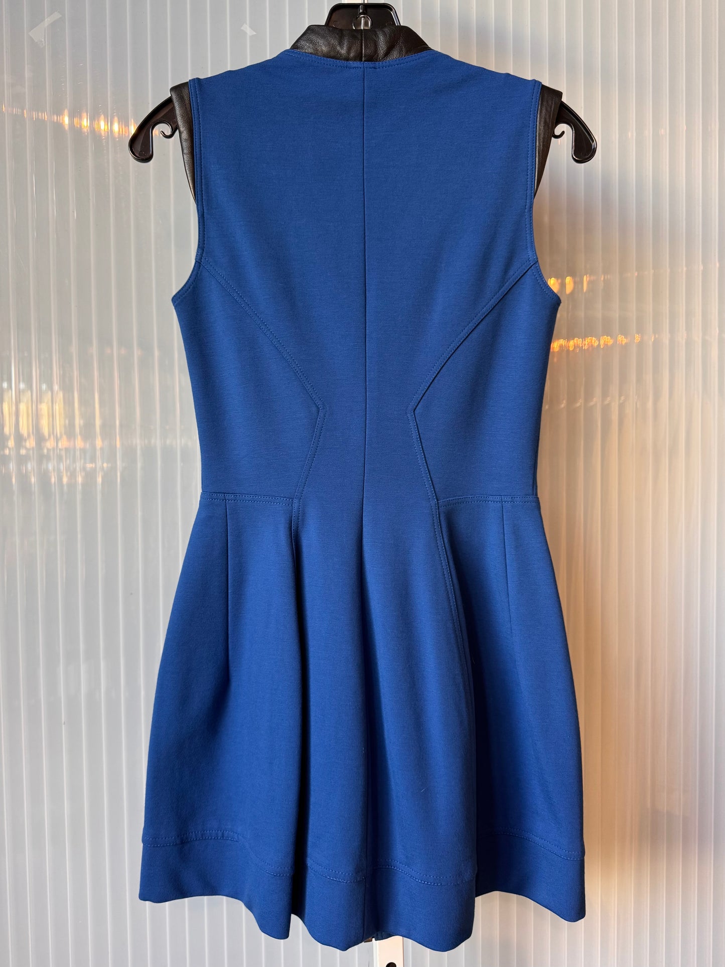 Blue Sleeveless Mini Dress with Leather Trim