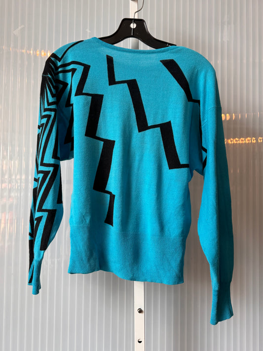 1980s Blue & Black Zig-zag Knit Sweater