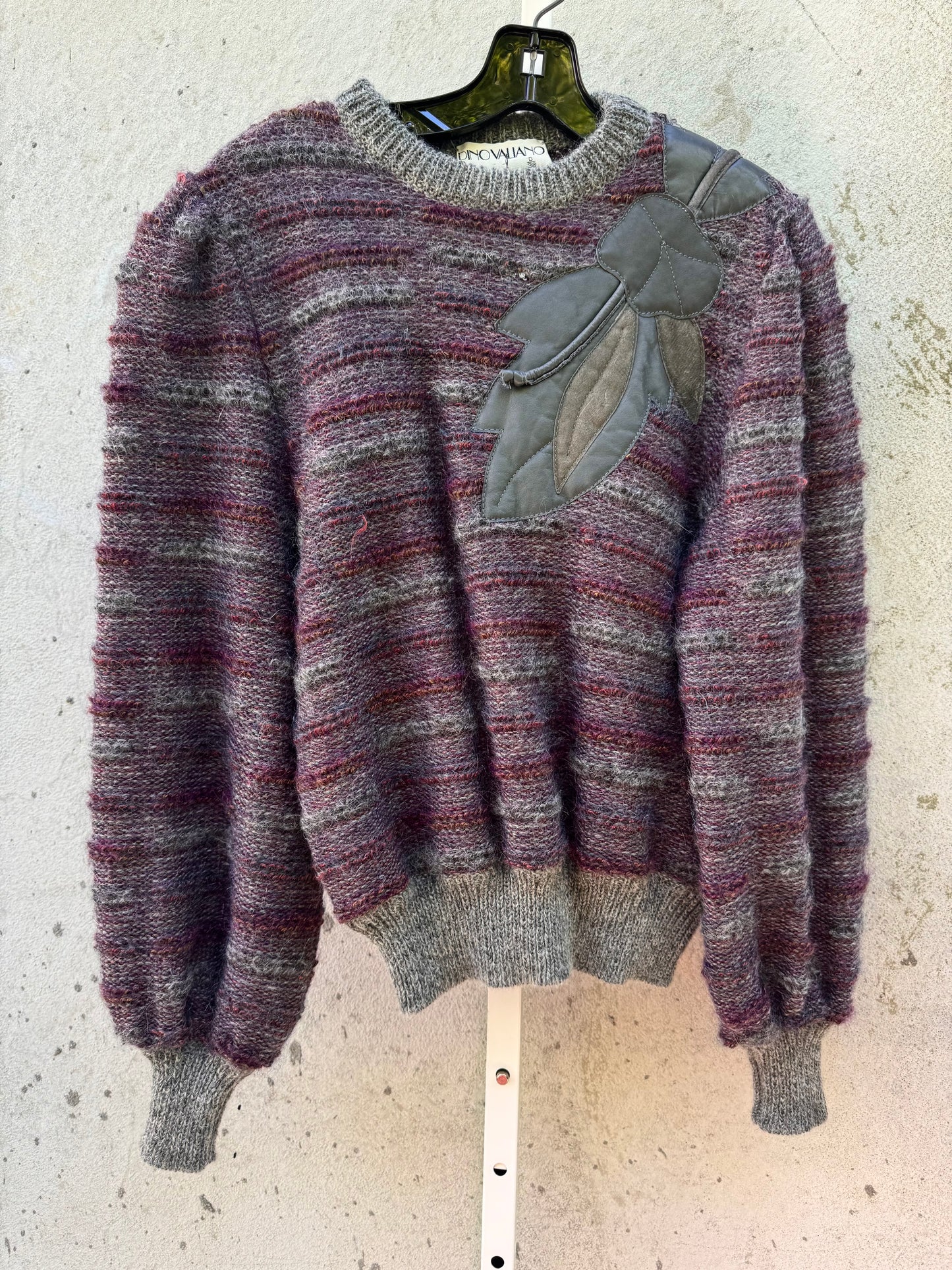 1980s Gray & Burgundy Sweater with Leather Applique