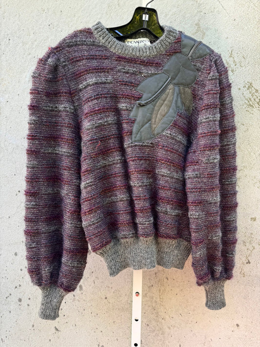 1980s Gray & Burgundy Sweater with Leather Applique