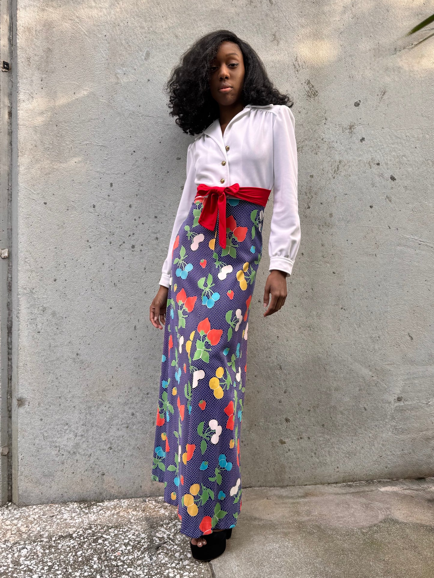 1970s White Purple & Red Maxi Dress